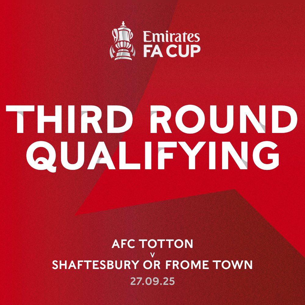 AFCTotton's tweet photo. FA CUP DRAW MADE 🏆🦌💙

The Stags have been handed a home tie in the 3rd Qualifying Round of the @EmiratesFACup against either @SFC1888 or @FromeTownFC at the Snows Stadium.

Details to follow in due course.

#GoStags🦌 #WeAreTotton https://t.co/VBJLyoF9IB