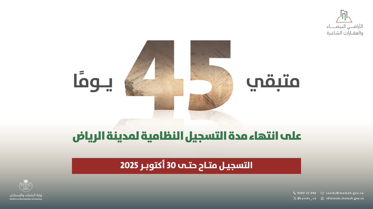 تنتهي المدة النظامية لتسجيل الأراضي البيضاء بتاريخ ٣٠ أكتوبر ٢٠٢٥م. 

بادر بتسجيل أرضك قبل نهاية المدة النظامية لتلافي الغرامة التي قد تصل إلى ١٠٠% من قيمة الرسم.

التسجيل من خلال الموقع الإلكتروني: 
idlelands.momah.gov.sa/ar