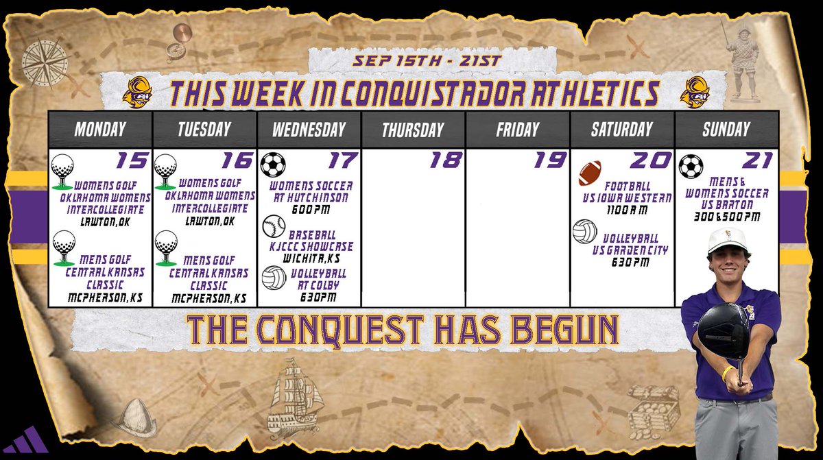 📅This week in Conq Athletics #GoConqs

Plenty of competition on the docket for the Conqs this week🏈⚽️🏐⛳️⚾️....men's golf starts their fall season. The weekend is stacked with 🏈🏐⚽️all at home 

Home Games: 
🏈Football - Saturday, September 20th - vs Iowa Western 11:00am
