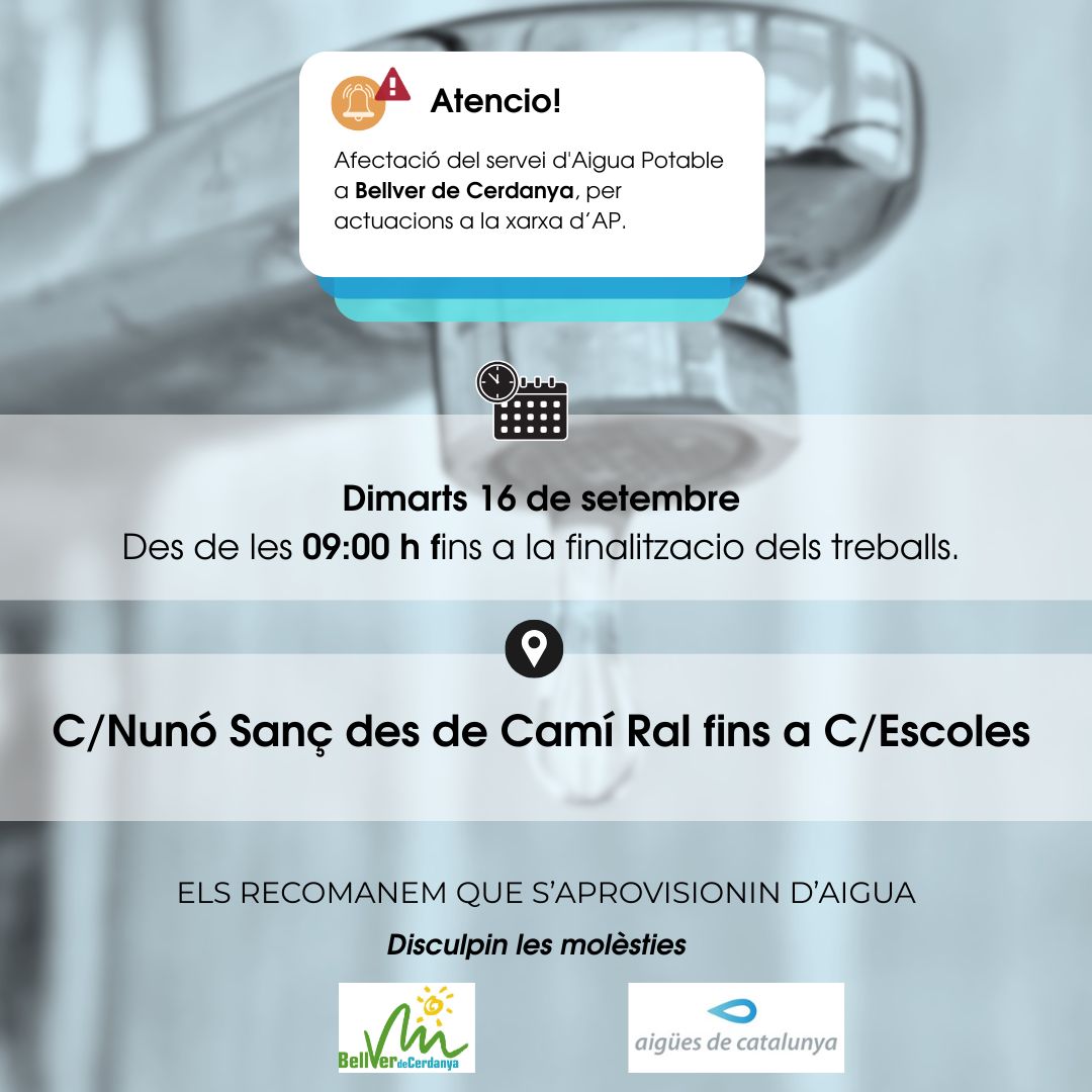 📢 ATENCIÓ: <a href="/BellverCerdanya/">Bellver de Cerdanya</a> afectació del servei d'AP per actuacions a la xarxa

🗓️Dimarts16/09⏰
Des de les 9 h fins a la finalització dels treballs

🙏Disculpin les molèsties