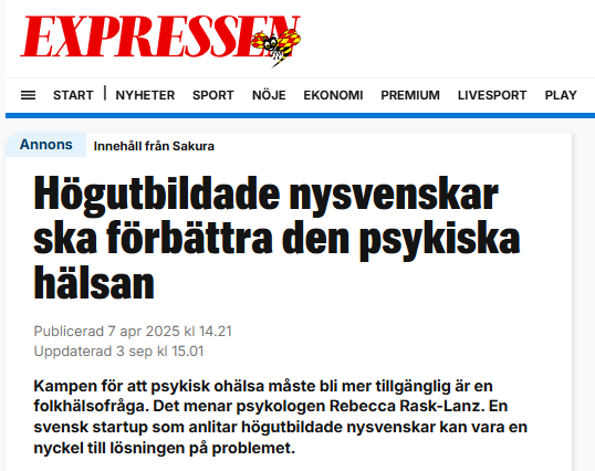 "Korkeasti koulutetut uusruotsalaiset parantavat mielenterveyttä", kirjoittaa Expressen ja kertoo start up-firmasta, joka aikoo ratkoa psykologian ongelmat superkehareiden avulla. 

Toki artikkeli on maksullinen mainos, että sinänsä sen takia ei pidä repiä pelihousuja.