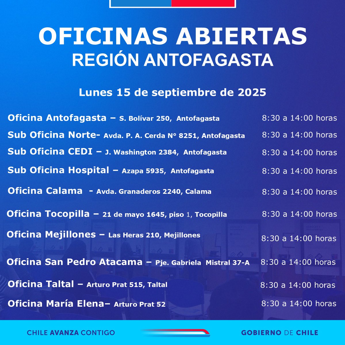 ☀️Buen lunes 15 

🔹Reg. Civil e Identificac. informa de las comunas que atienden - horarios y direcciones-:
#Antofagasta #Calama #Mejillones #Taltal
#SanPedroAtacama  #Tocopilla #MaríaElena 

>Recuerda:

-Para Renovación -> 🖥️http://registrocivil
-Para Reimpresión-> 📱 CedulApp