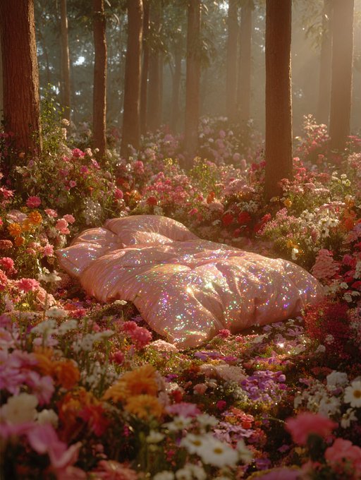 A forest with tall trees and sunlight filtering through. A bed with pink glittery bedding and pillows lies amidst vibrant flowers in shades of pink, orange, and white.