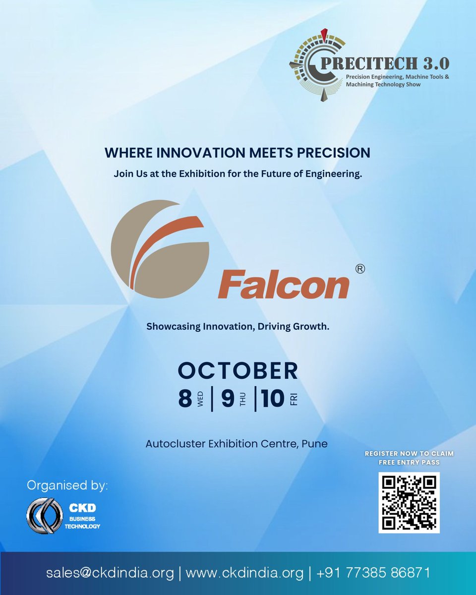Falcon Toolings invites you to experience the future of precision engineering &amp; manufacturing at #Precitech2025!
📍 Autocluster, Pune | 📅 8–10 Oct 2025

🔗 Register free: ckd.eazerp.in/visitor-form.p

#EngineeringExpo #MachineToolsIndia #SmartManufacturing #MakeInIndia