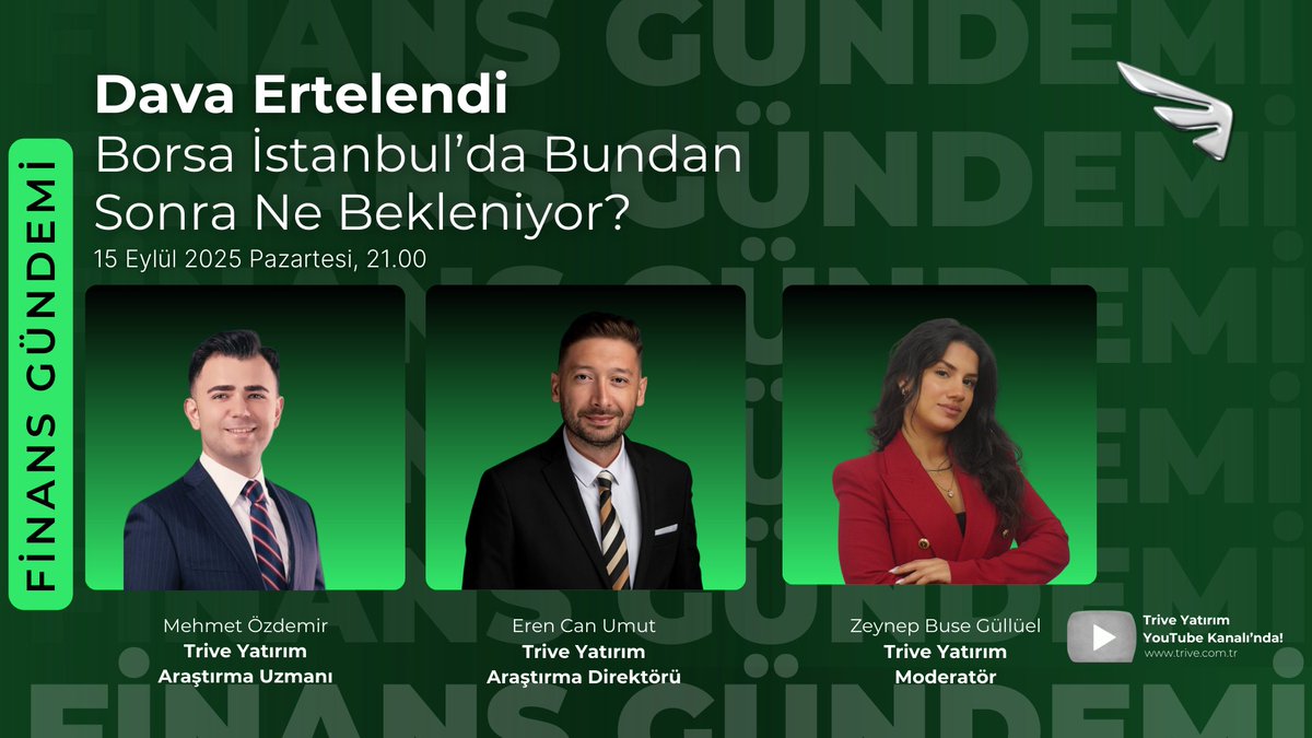 Borsa İstanbul’da ertelenen dava sonrası piyasalarda neler bekleniyor?

Bu akşam Finans Gündemi canlı yayınımızda,
Trive Yatırım Araştırma Direktörü <a href="/ErenCanumut/">Eren Can Umut</a>  ve Araştırma Uzmanı @ozdemmirs,
moderatör Zeynep Buse Güllüel eşliğinde piyasa beklentilerini yorumluyor.

📅 Tarih: