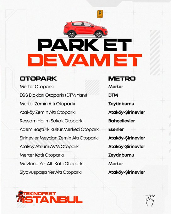 A red rocket with TEKNOFEST branding on its side, an astronaut in a white and orange suit pushing it, and people in orange shirts in the background. A yellow parking sign with a blue P and the word Otopark, and a building labeled Atatürk Havalimanı. Text overlays include PARK ET DEVAMET, Otopark and Metro station names, and a map showing festival area and parking locations at Istanbul Atatürk Havalimanı.