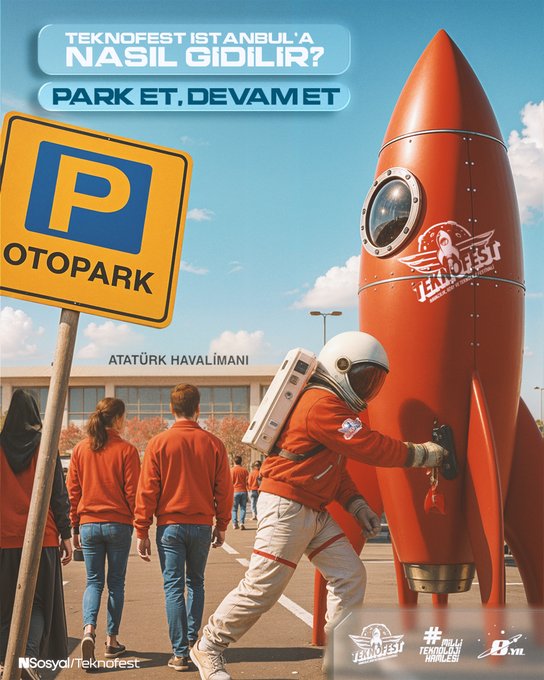 A red rocket with TEKNOFEST branding on its side, an astronaut in a white and orange suit pushing it, and people in orange shirts in the background. A yellow parking sign with a blue P and the word Otopark, and a building labeled Atatürk Havalimanı. Text overlays include PARK ET DEVAMET, Otopark and Metro station names, and a map showing festival area and parking locations at Istanbul Atatürk Havalimanı.