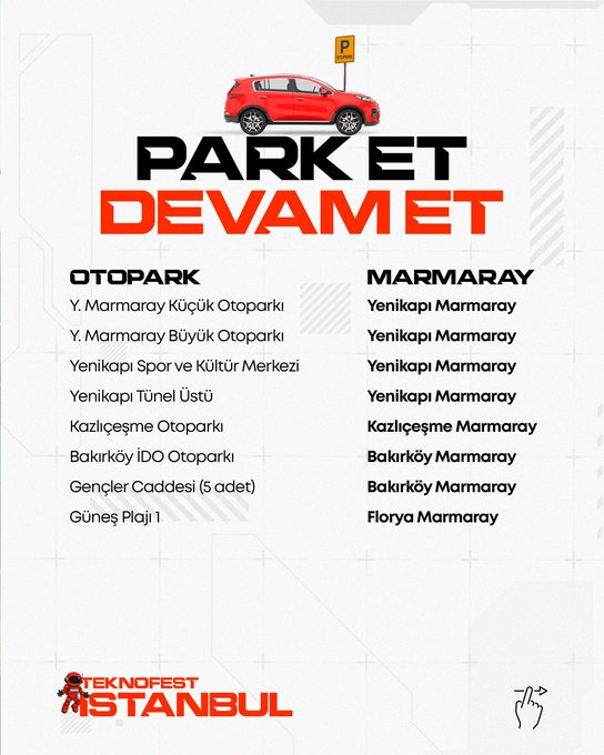 A red rocket with TEKNOFEST branding on its side, an astronaut in a white and orange suit pushing it, and people in orange shirts in the background. A yellow parking sign with a blue P and the word Otopark, and a building labeled Atatürk Havalimanı. Text overlays include PARK ET DEVAMET, Otopark and Metro station names, and a map showing festival area and parking locations at Istanbul Atatürk Havalimanı.