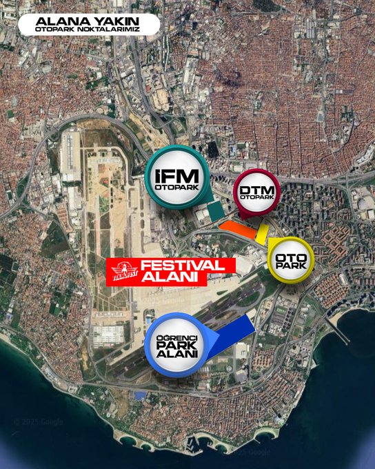 A red rocket with TEKNOFEST branding on its side, an astronaut in a white and orange suit pushing it, and people in orange shirts in the background. A yellow parking sign with a blue P and the word Otopark, and a building labeled Atatürk Havalimanı. Text overlays include PARK ET DEVAMET, Otopark and Metro station names, and a map showing festival area and parking locations at Istanbul Atatürk Havalimanı.