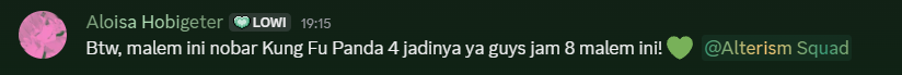 AloisaArbeiter's tweet photo. Kembali lagi dengan jadwal Senin Nobar bareng Loi di server discord membership youtube Alterism! πβ¨
Yang mau ikut nobar bole banget syaratnya cuman join membership utub Loi lv 2 π
Malem ini bakal nonton Kung Fu Panda 4!!
Link DC on comment
#AloisaArbeiter #VtuberID #Alterism https://t.co/avB8iR4Dxf