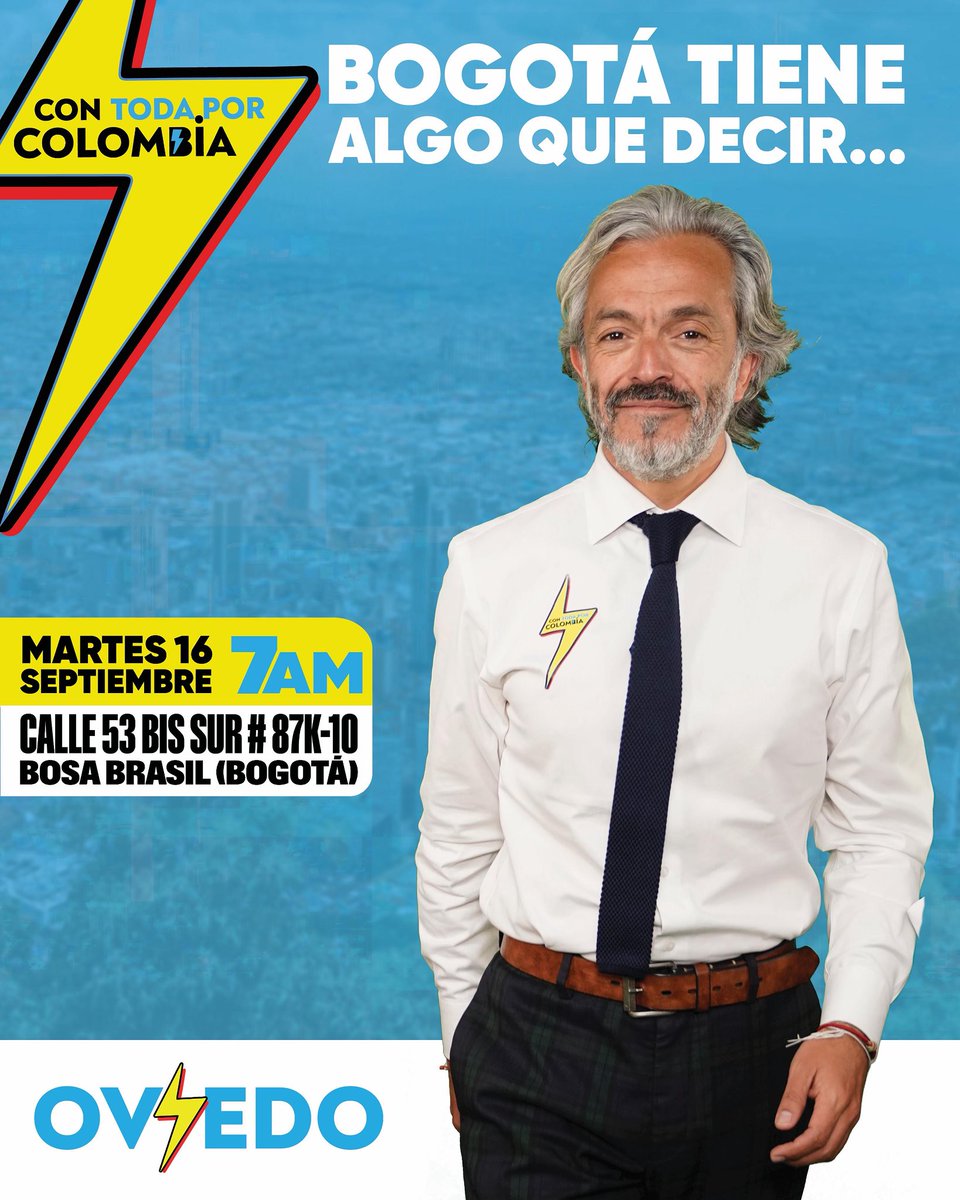 ¡Atención #Bogotá! Mañana a las 7AM tengo algo muy importante que comentarles y compartirles. Nuestro compromiso por Bogotá, sigue #ConToda 💛❤️⚡️

Acompáñenme mañana a Bosa Brasil, para darle un gran anuncio a la capital:
🗓️Martes 16 de septiembre 
⏰7AM
📍Calle 53 Bis Sur