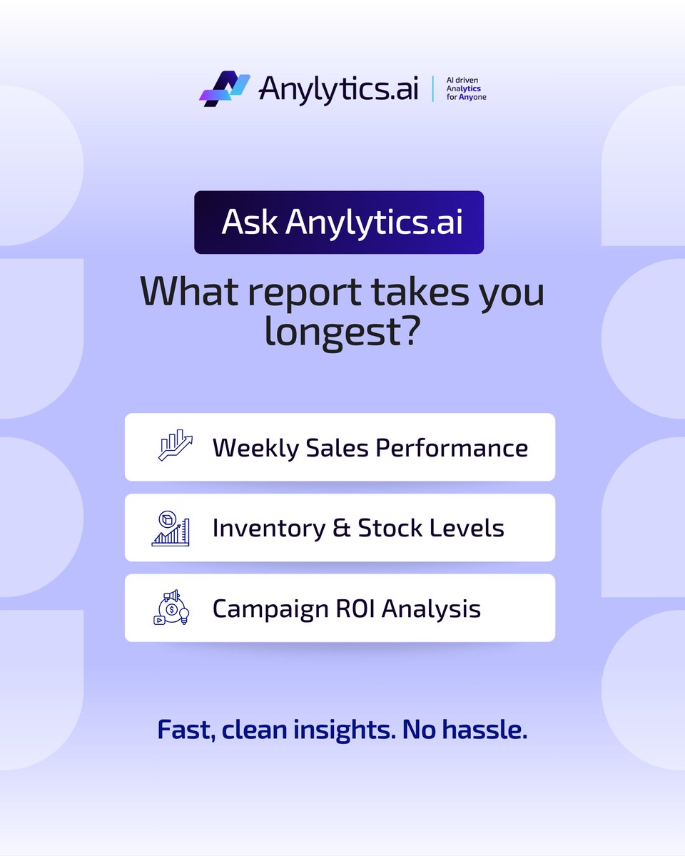 AnylyticsAI's tweet image. We’re building smarter tools based on your biggest time-wasters.  

What’s the one report that ruins your Mondays? 😩   

Vote below and we’ll show you how to automate it✅. 

Visit anylytics.ai to Learn More.  

#AnylyticsAI #AskAnylytics #AnalyticsAutomation #AI