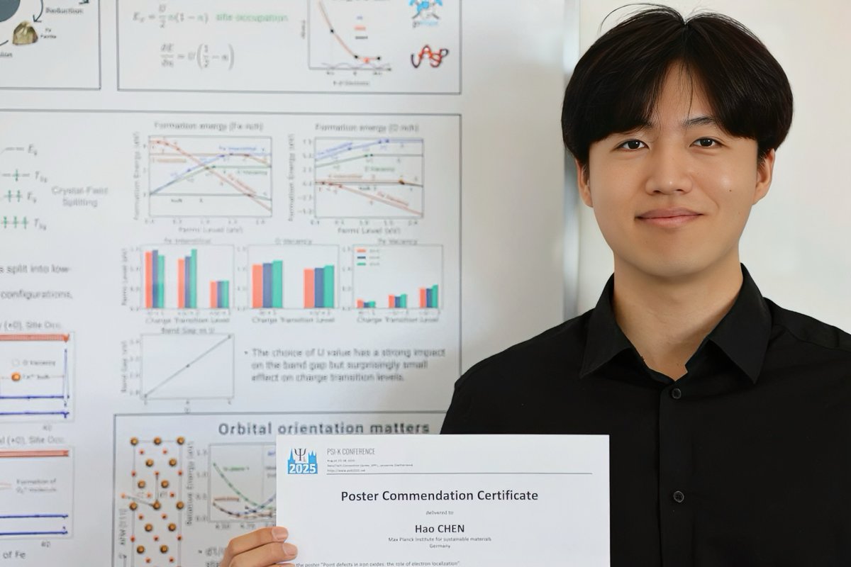 Congratulations to Hao Chen 👏 who won a Best Poster Commendation during the Psi-k Conference, for his #simulations on the influence of defects on #iron oxide reduction. 
mpie.de/5108526/poster…
#modeling #simulation #posteraward #materialsscience