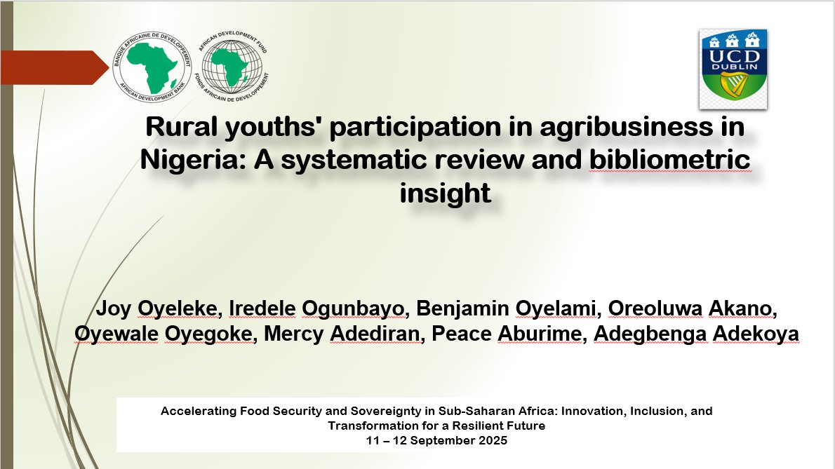 PiLAF at the UCD–AfDB Conference, Dublin 
Our researchers made impactful presentations on:
🔹 Violent conflict &amp; smallholder agriculture – Dr. Olutosin Otekunrin
🔹 Urban agriculture &amp; food security – Mr. Oyegoke Oyewale
🔹 Youths in agribusiness – Ms. Joy Oyeleke
#PiLAF