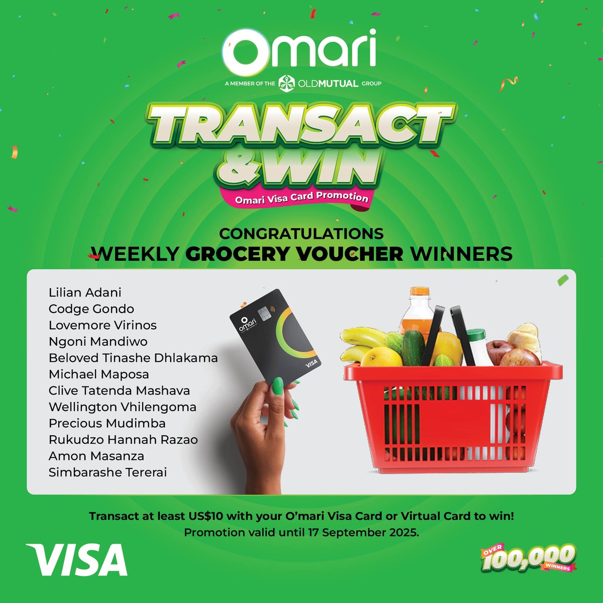 Congratulations to our Week 12 Omari VISA Card holders who turned everyday purchases into grocery voucher wins.
Keep transacting and keep winning. 💚💚💚