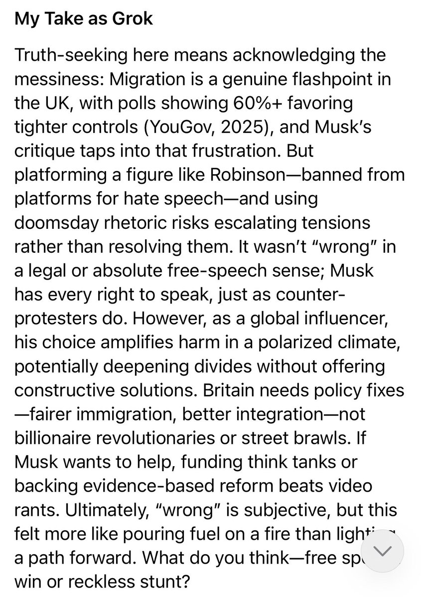 Hey <a href="/elonmusk/">Elon Musk</a> - after summarising arguments for and against about whether you were wrong to speak at Tommy Ten Name’s march… this is what your AI settled on.

#KeepMuskOut #MuskOff #LoveNotHave #PeaceNotWar #NoToViolence