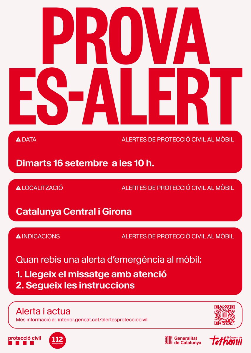 Noves proves del sistema d'alertes de Protecció Civil al mòbil. 🚨 A la Vall de Bianya, la prova està prevista demà 16 de setembre, a partir de les 10h i serveixen per protegir i evitar danys a la població quan es troba en zona afectada per una emergència, catàstrofe o accident.