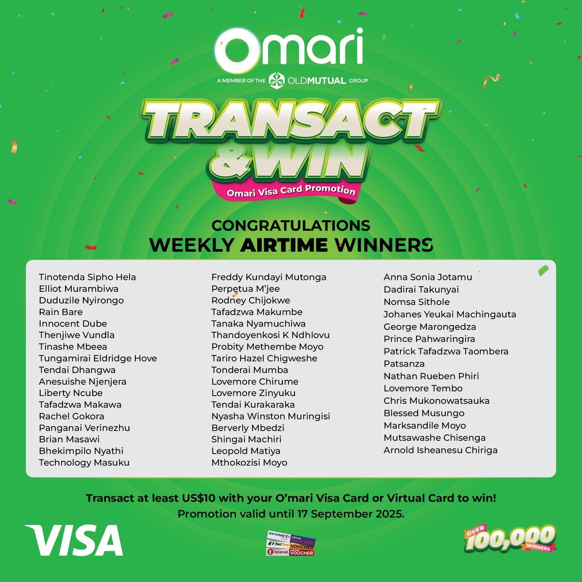 Congratulations to week 12 airtime winners, now enjoying complimentary airtime simply by using their Omari VISA Card.
Continue transacting and stay connected. 💚💚💚