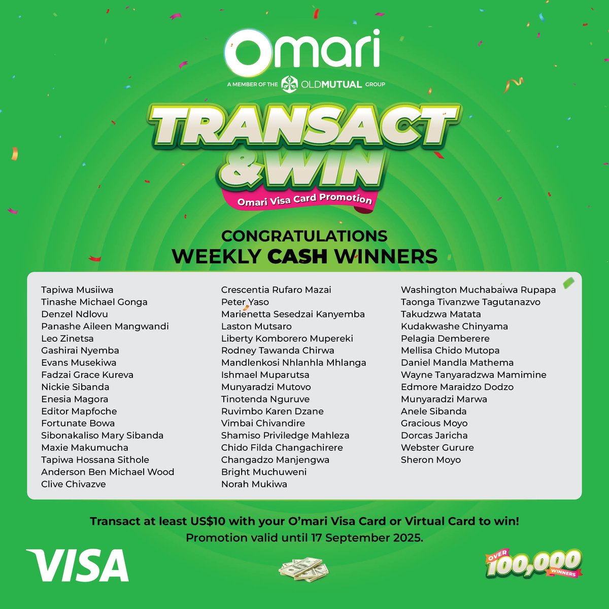 Congratulations to our week 12 Omari VISA Card holders who have earned direct cash rewards through everyday transactions.
Every swipe brings you closer to a special reward. 💚💚💚