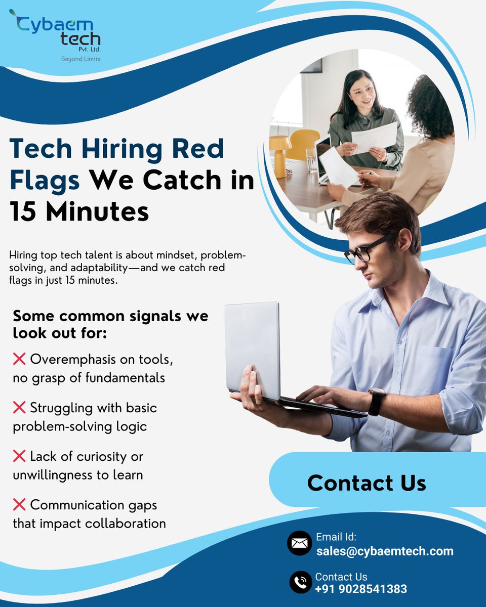 Cybaem_Tech's tweet image. Tech hiring red flags we catch in just 15 mins
❌ No fundamentals
❌ Weak logic
❌ Low curiosity
❌ Comm gaps
❌ Resume ≠ reality

At CybeamTech, we filter fast to help teams avoid costly mis-hires.

 What’s your biggest interview red flag?

#TechHiring #Recruitment #CybeamTech