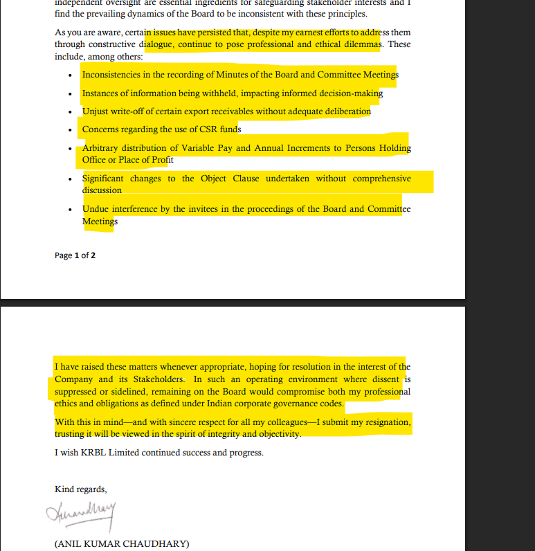 bastionresearch's tweet photo. Independent Director of KRBL: Anil Kumar Chaudhary resigned citing issues https://t.co/dfu1FP5dUl