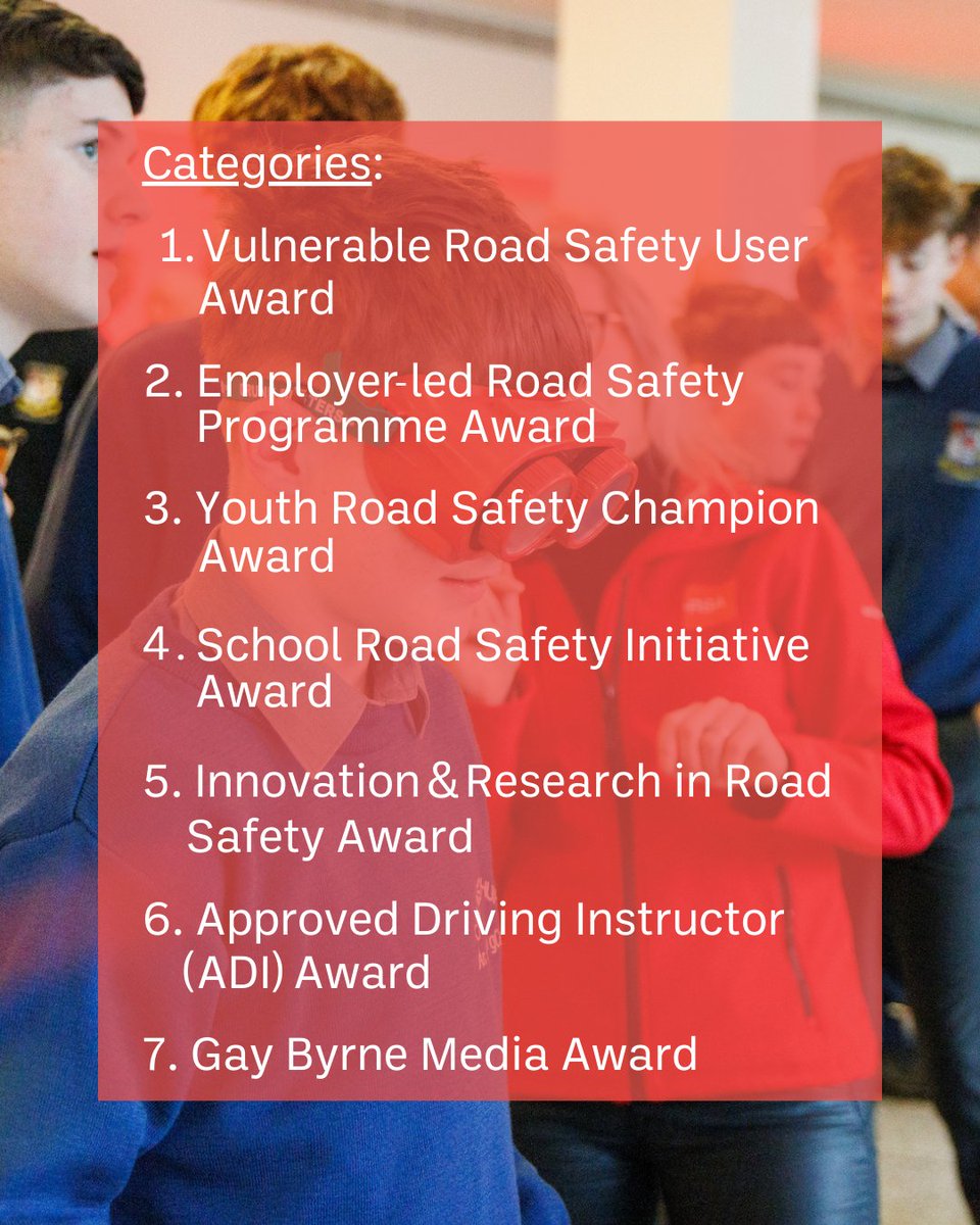 RSAIreland's tweet photo. We are calling on the public to nominate individuals and groups for its Leading Lights in Road Safety Awards, 2025. The closing date for nominations is 24th October, 2025.
Now in its sixteenth year, nominations are open for the newly refreshed categories listed below. https://t.co/AXCg1ZiRtn