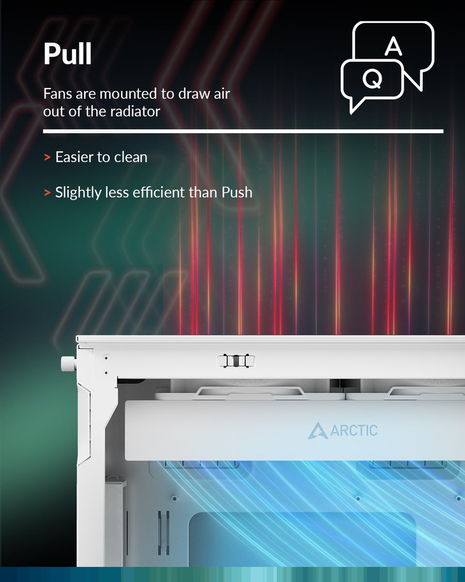 ARCTIChannel's tweet image. Push, pull, or both ❓ When it comes to radiator fans, the setup can make a real difference. 💨
Which one do you use in your system: the simplicity of push, the easy cleaning of pull, or the maximum cooling of push/pull? 🔧💻

#ARCTIC #ARCTICool #cooledbyARCTIC #coolerthanever