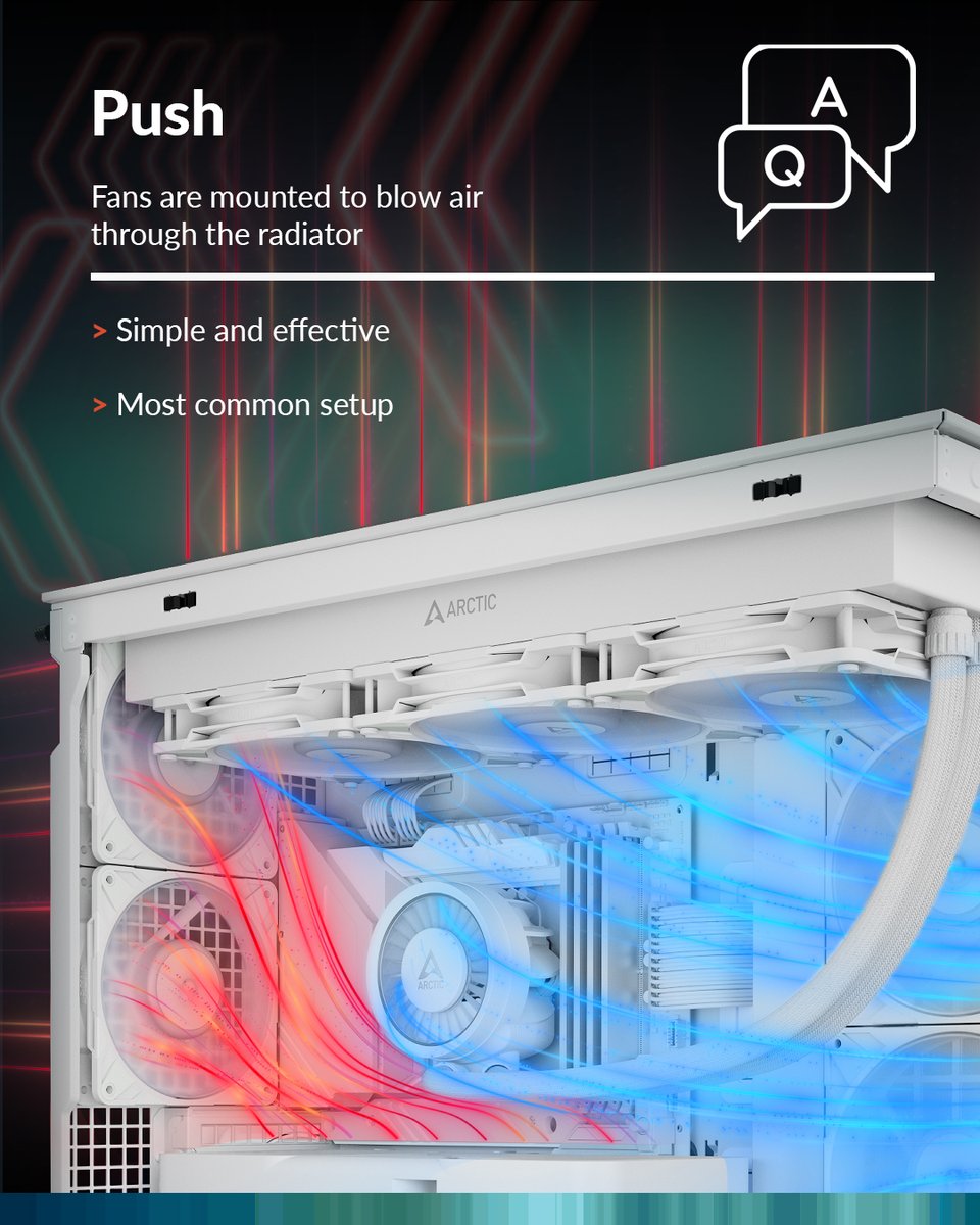 ARCTIChannel's tweet image. Push, pull, or both ❓ When it comes to radiator fans, the setup can make a real difference. 💨
Which one do you use in your system: the simplicity of push, the easy cleaning of pull, or the maximum cooling of push/pull? 🔧💻

#ARCTIC #ARCTICool #cooledbyARCTIC #coolerthanever