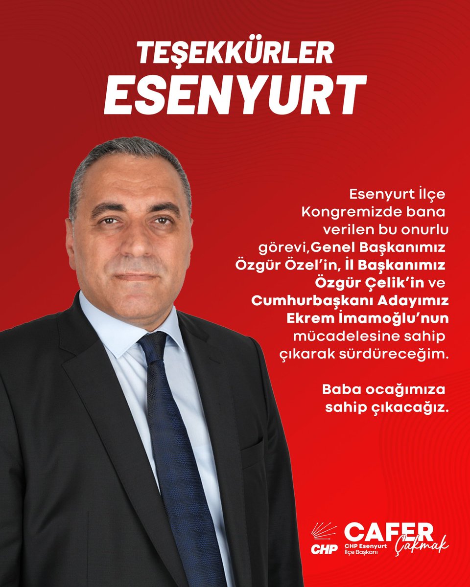 Esenyurt İlçe Kongremizde bana verilen bu onurlu görevi,
Genel Başkanımız Özgür Özel’in, İl Başkanımız Özgür Çelik’in ve Cumhurbaşkanı Adayımız Ekrem İmamoğlu’nun mücadelesine sahip çıkarak sürdüreceğim.

Baba ocağımıza sahip çıkacağız.

#CHP