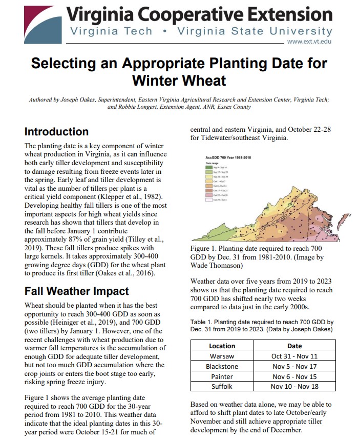 A common question we receive is, "How late can I plant?".  Take a quick look at our new extension publication "Selecting an Appropriate Planting Date for Winter Wheat" as we look at recent research data to help us pinpoint an appropriate planting date.

pubs.ext.vt.edu/content/dam/pu…