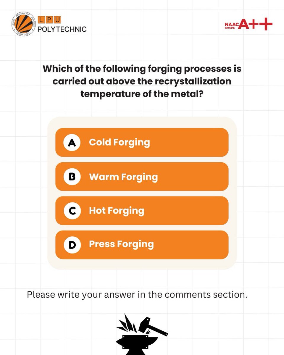 LPUPolytechnic's tweet image. Heat up your knowledge! Identify the forging process that occurs above the recrystallization temperature #Forging #Metallurgy #Question @lpuuniversity