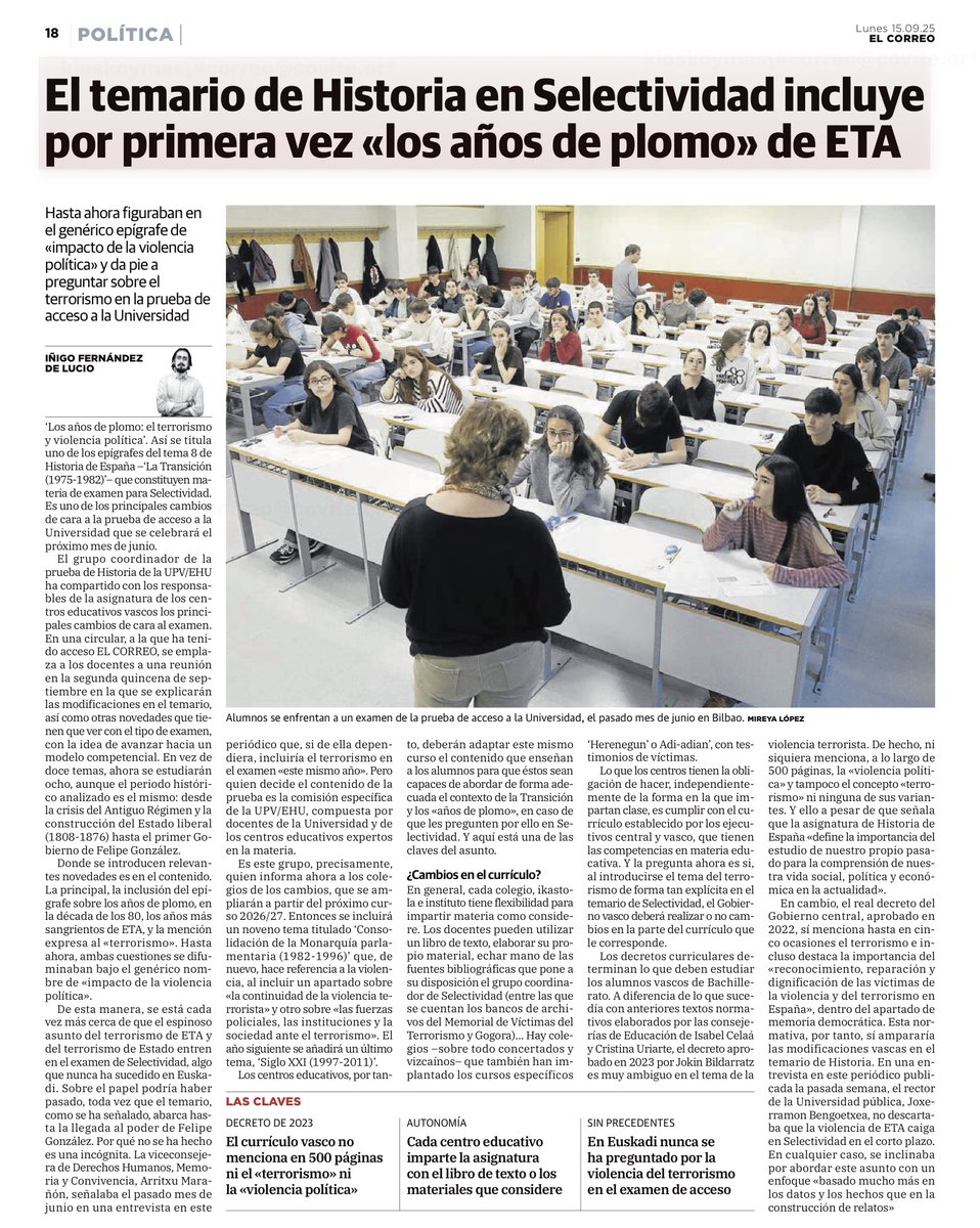 Hasta ahora, el currículo educativo vasco no menciona en 500 páginas ni el «terrorismo» ni la «violencia política».

Con lo cual, a partir de ahí, cualquier avance será positivo.

Es muy importante que los jóvenes vascos conozcan qué fue ETA y cuáles fueron sus consecuencias.
