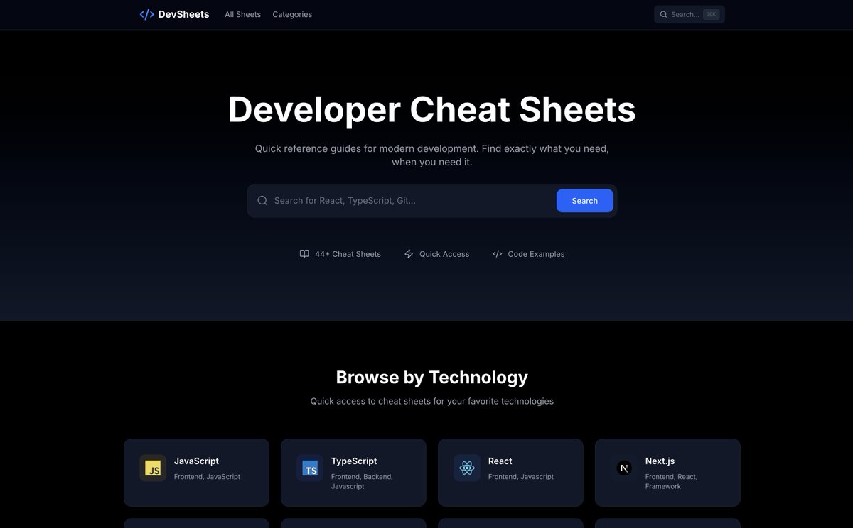 traversymedia's tweet image. 🔥 Free dev cheat sheets are here: devsheets.io
Quick ref + detailed examples — a blend of AI + my personal touch, designed for clarity and simplicity
Languages, frameworks and tooling. Even things like AI prompting
45+ sheets and I will be adding more every week