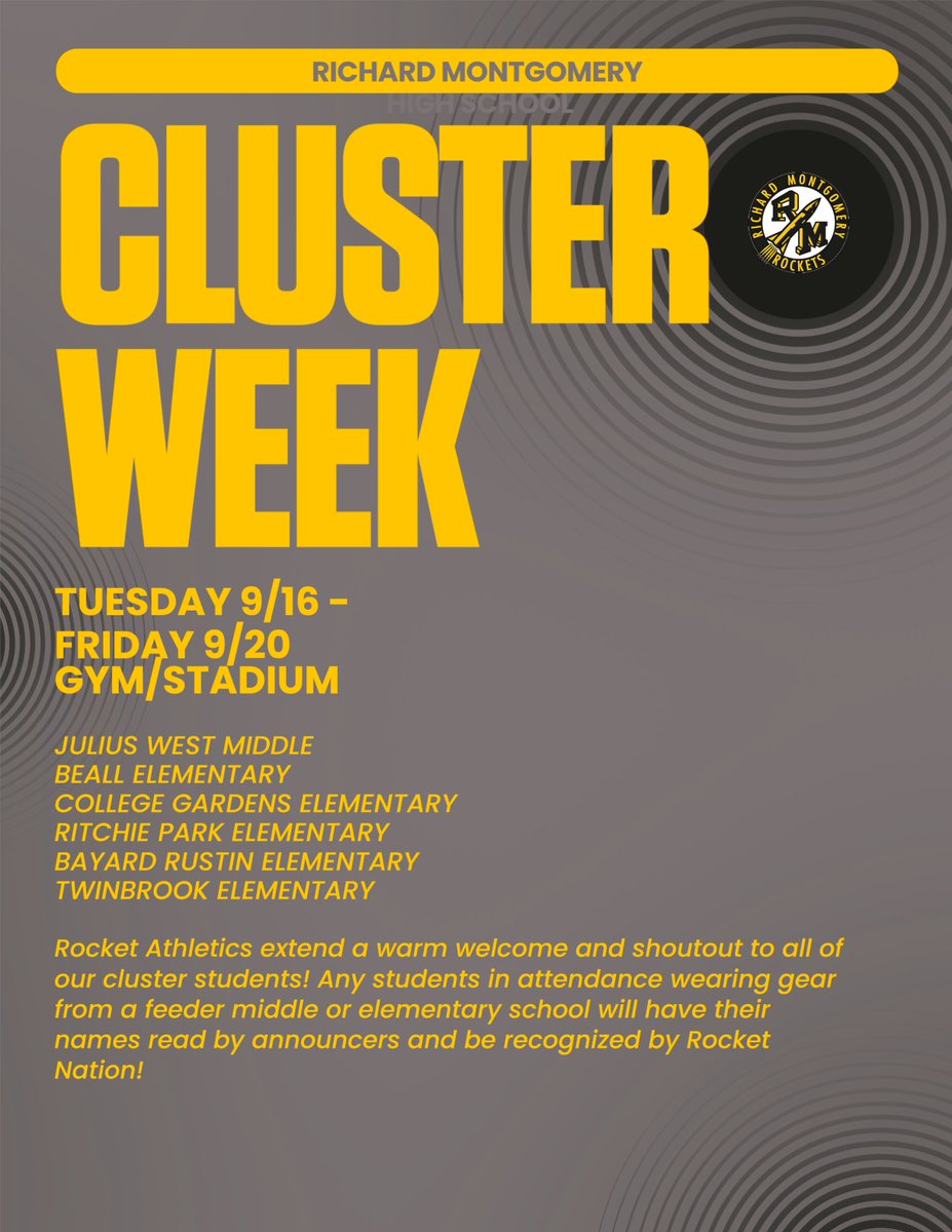 Richard Montgomery Athletics (@rocketssportsrm) on Twitter photo Calling All our RM Cluster Schools! Come out and be celebrated! Calling All our RM Cluster Schools! Come out and be celebrated!
