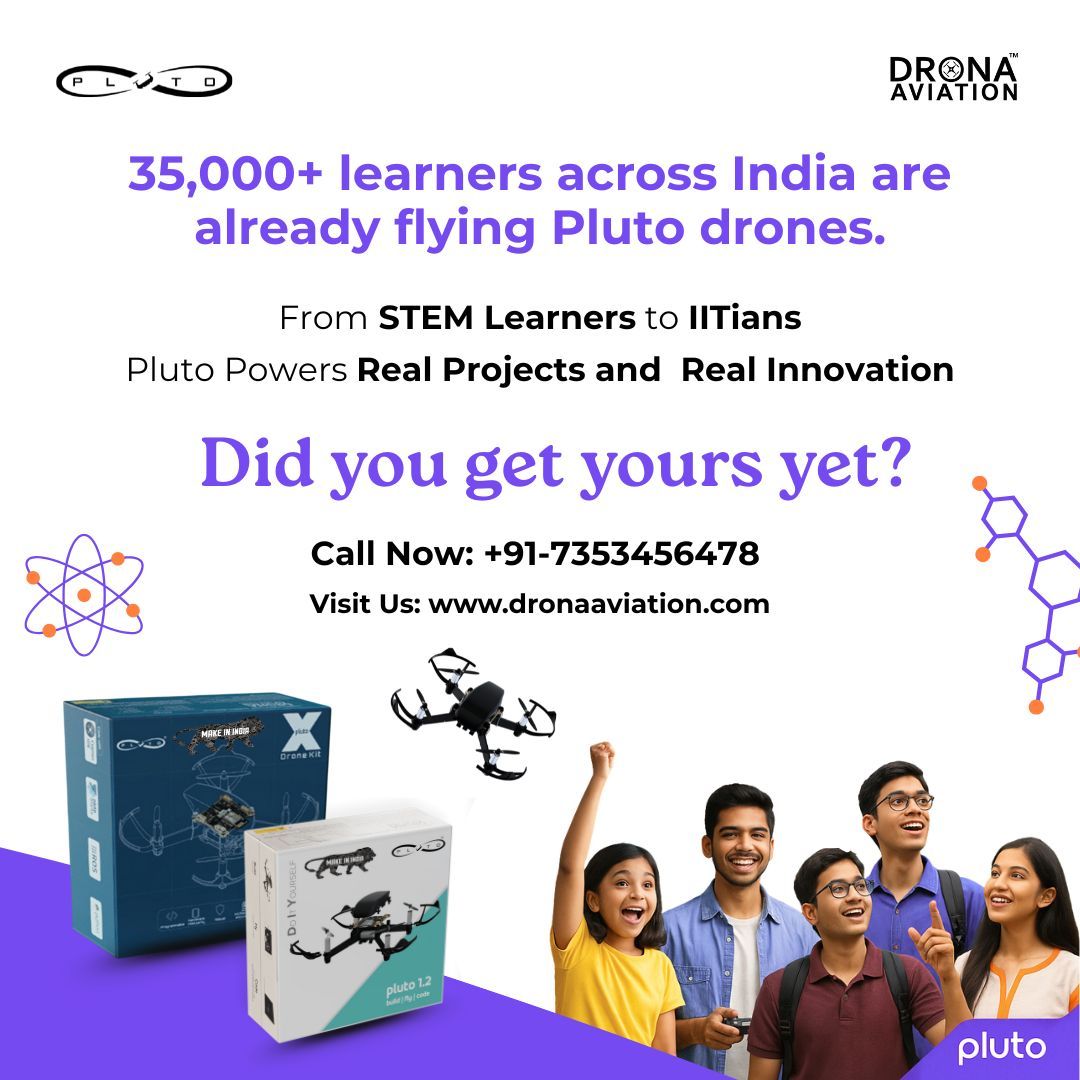 dronaaviation's tweet image. 35,000+ learners & counting!
From STEM champs to IITians — they fly with Pluto. 🚁
Did you get yours yet?
Call at +91-7353456478 to get yours!
#PlutoDrones #BuildCodeFly #DroneLearning #STEMEducation #FutureSkills #TechForStudents #MadeInIndia #DronaAviation
