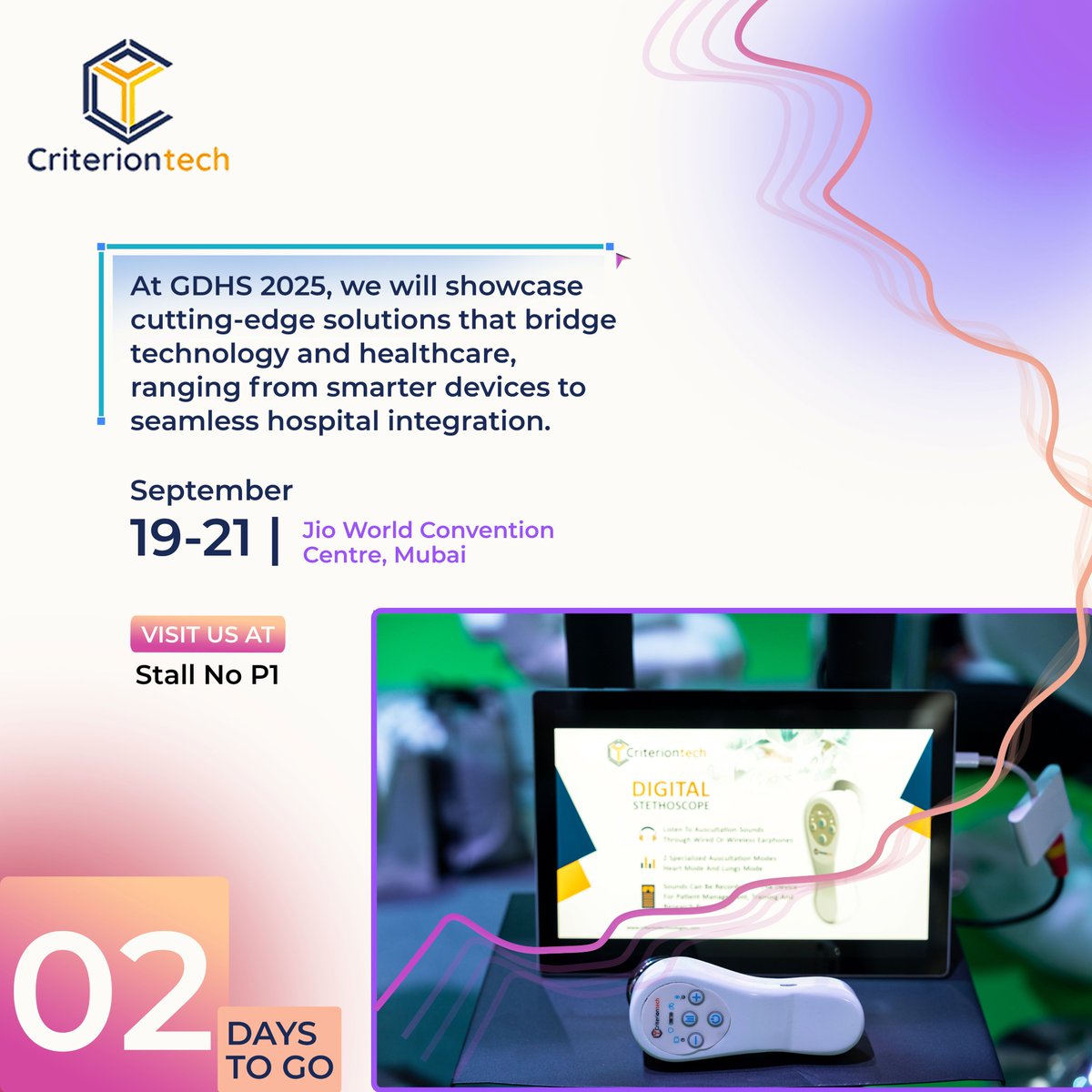 Criterion Tech (@criterion_tech) on Twitter photo Just 2 days left! <a href="/DigitalHSummit/">Global Digital Health Summit, Expo & Awards</a>
Explore the future of healthcare with Criterion Tech.
📍 Stall No P1, Jio Convention Center, Mumbai.
.
#CriterionTech #GDHS2025 #digitaltherapeutics #DigitalHealth #SmartHealthcare #AIHealthcare #criteria4technology #HealthTechInnovation Just 2 days left! <a href="/DigitalHSummit/">Global Digital Health Summit, Expo & Awards</a>
Explore the future of healthcare with Criterion Tech.
📍 Stall No P1, Jio Convention Center, Mumbai.
.
#CriterionTech #GDHS2025 #digitaltherapeutics #DigitalHealth #SmartHealthcare #AIHealthcare #criteria4technology #HealthTechInnovation
