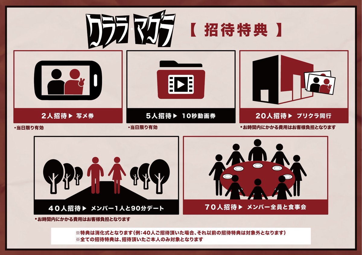 claramag_info's tweet image. 【🃏2周年記念生バンドワンマン招待特典公開🃏】

11/18(火)EX THEATER ROPPONGI
クララ・マグラ主催　2周年記念ワンマン
『令和シャウト』

🃏招待特典🃏

2人▶︎写メ券📷
5人▶︎10秒動画券🎥
20人▶︎プリクラ同行🤳
40人▶︎メンバー1人と90分デート👫
70人▶︎メンバー全員と食事会🍽️…