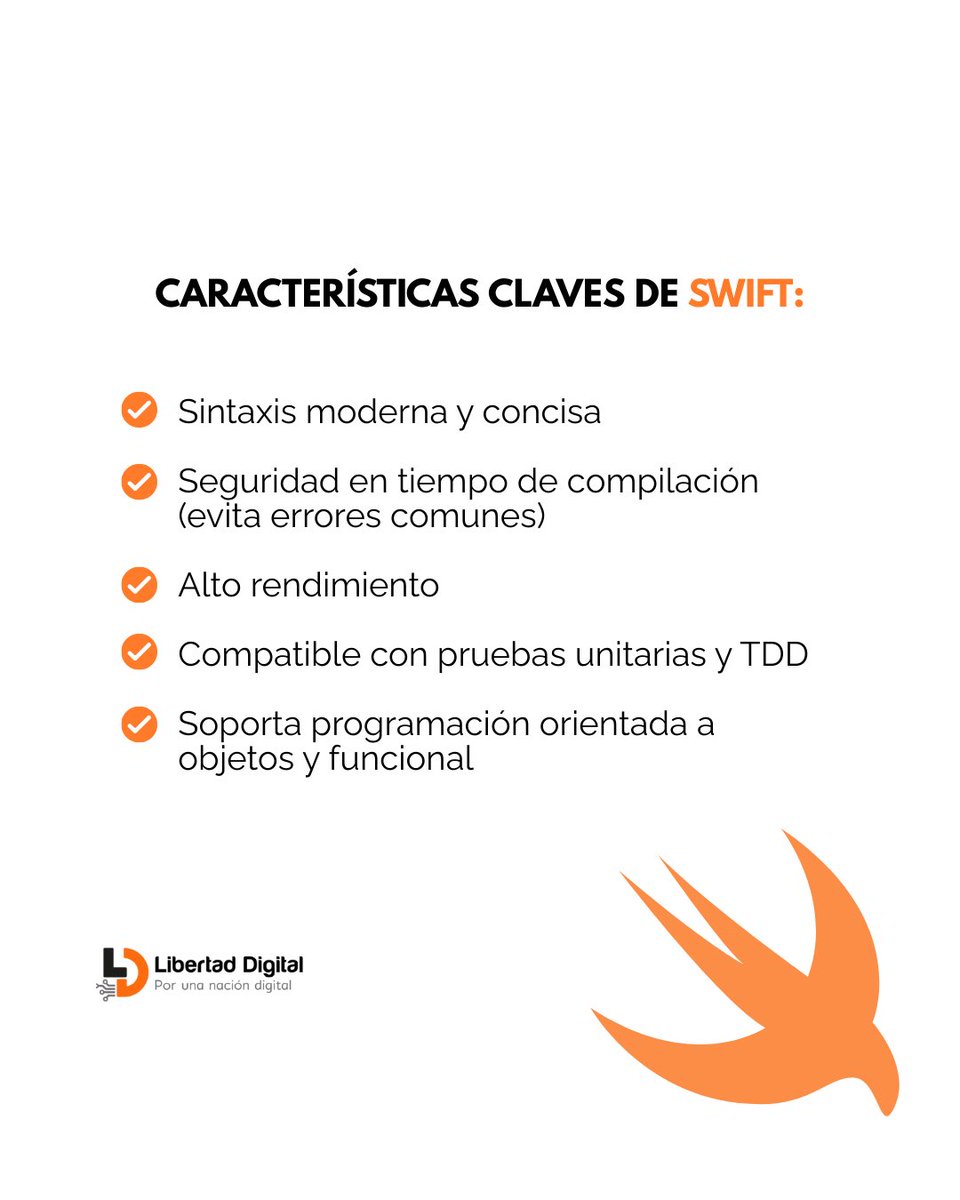 Con una sintaxis clara, veloz y segura, Swift te permite construir aplicaciones modernas y eficientes para todo el ecosistema Apple.

🚀 ¿Por qué aprender Swift?

🌍 Alta demanda de desarrolladores iOS
🛠️ Ecosistema Apple sólido y en crecimiento
💡 Ideal para principiantes