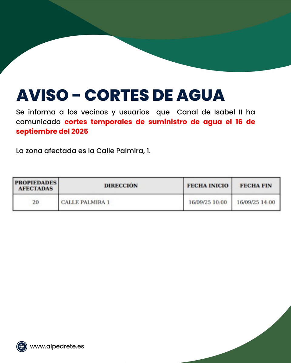 🚧Cortes en el suministro de agua por obras 🚰

📆El 16 de septiembre del 2025 se podrían producir cortes en la red de distribución por obras de mantenimiento. El objetivo de la intervención es mejorar la calidad del servicio. 

🕛Los trabajos se producirán entre las 10:00 y las