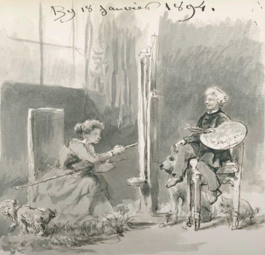 #LeSaviezVous Quand #RosaBonheur écrivait à ses proches et amis, elle glissait souvent un dessin dans ses lettres. Depuis son atelier <a href="/ChateauDeBy/">Musée Rosa Bonheur</a>, pour Consuelo Fould,  elle pose fièrement avec son Leonbetg pendant qu'il la peint.. portrait humoristique diffusé dans le monde🙂