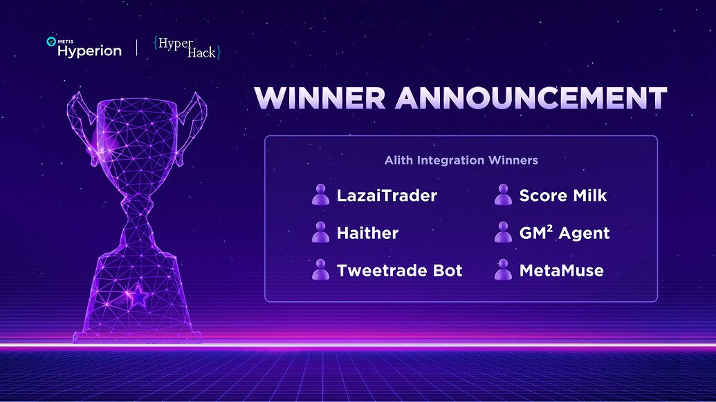 <a href="/LazAINetwork/">LazAI Network</a> <a href="/haithedotai/">Haithe 🌿</a> Alith Integration Winners:

<a href="/LazaiTrader/">LazaiTrader</a> – $5K prize
<a href="/ScoreMilk/">Score Milk 🎮</a> – $5K prize
<a href="/haithedotai/">Haithe 🌿</a> – $5K prize
<a href="/Gm2Social/">GM² Social</a> – $5K prize
<a href="/tweetradebot/">Tweetrade</a> – $5K prize
MetaMuse – $5K prize

A huge congratulations to all winners! This is only the beginning of the AI future on Hyperion.