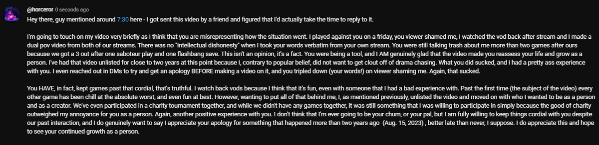 horceror's tweet image. I had beef with runningman over two years ago at this point. (08/13/23)  He does apologize for that in this video, and I appreciate that. 
Here's my reply to said video about Charlie Kirk. 
Charlie Kirk was not a good person.