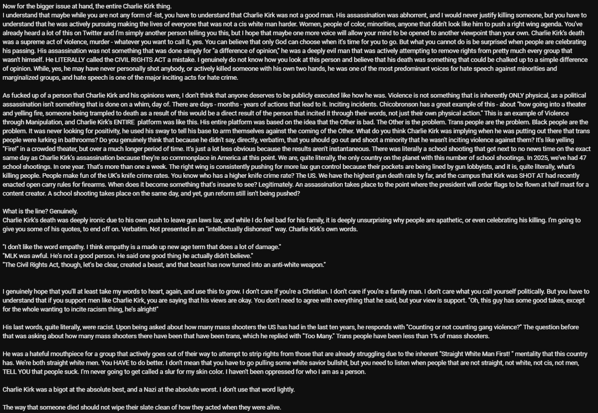 horceror's tweet image. I had beef with runningman over two years ago at this point. (08/13/23)  He does apologize for that in this video, and I appreciate that. 
Here's my reply to said video about Charlie Kirk. 
Charlie Kirk was not a good person.