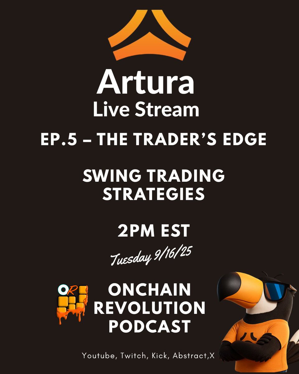 ShizzyUnchained's tweet photo. 🚨Live Tomorrow!🚨
@arturafinance EP.5 – The Trader’s Edge 🎯
Topic: Swing Trading Strategies 📊⚡
⏰ 2PM EST | Tuesday 9/16/25
📍 OnChain Revolution Podcast
Catch it on YouTube, Twitch, Kick, Abstract &amp; X!🔥 https://t.co/E6TD2VR2s6