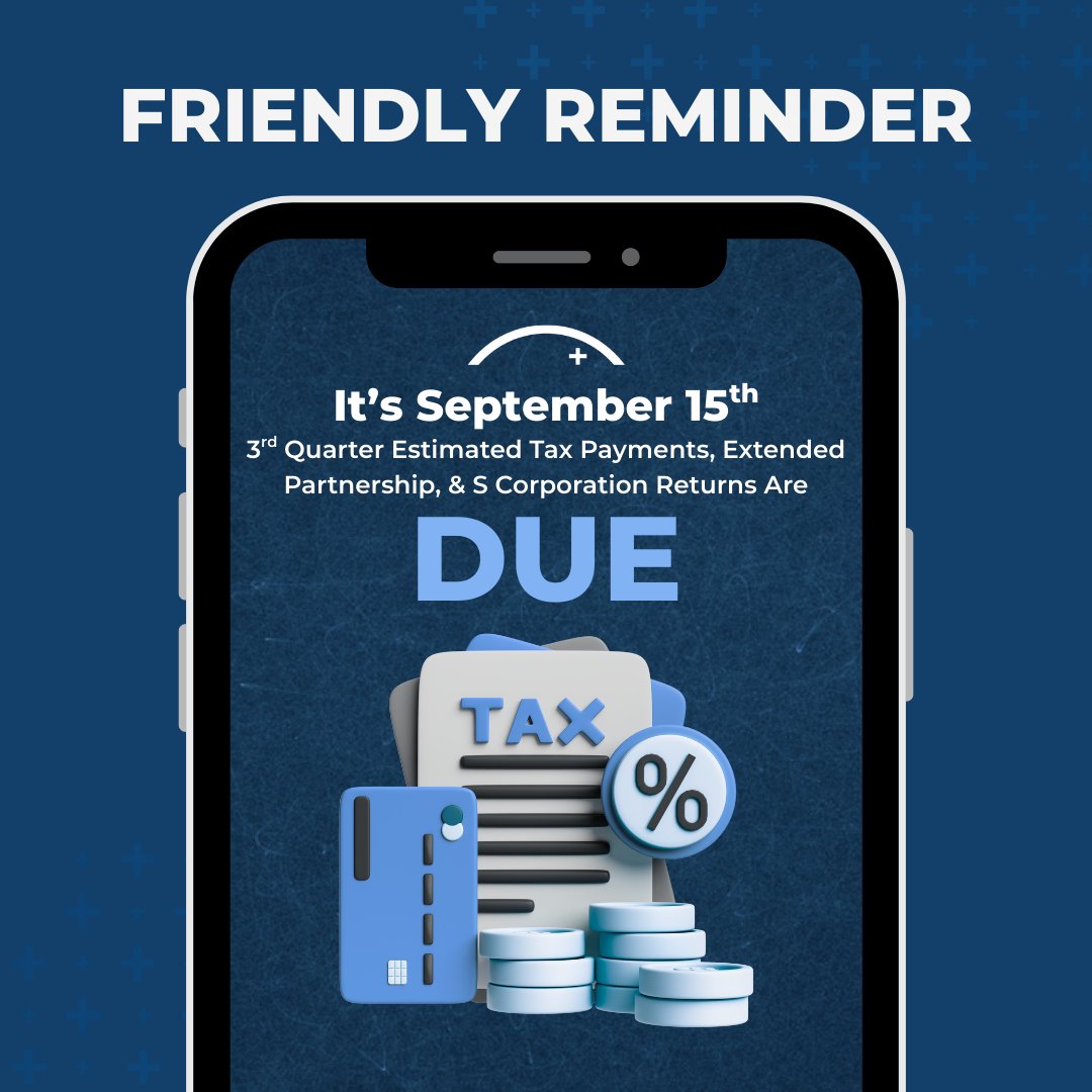 _ProtectionPlus's tweet image. As a friendly reminder, it's September 15th! Third-quarter estimated tax payments, extended partnership, and S corporation returns are due.
Want to give your clients extra peace of mind? Contact us today to learn how you and your clients can benefit from Protection Plus!
#Tax