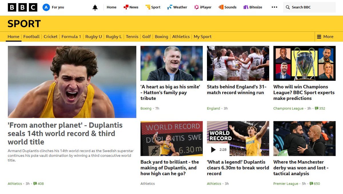 Alex Seftel🎙️ (@seftelevision) on Twitter photo Great to see athletics so well covered on the front page of <a href="/BBCSport/">BBC Sport</a> 🏃♀️
Hundreds of comments from people who possibly wouldn't usually talk about athletics or pole vault
Suggests Mondo Duplantis can be THE face of the sport, and pole vault isn't too 'niche' for that Great to see athletics so well covered on the front page of <a href="/BBCSport/">BBC Sport</a> 🏃♀️
Hundreds of comments from people who possibly wouldn't usually talk about athletics or pole vault
Suggests Mondo Duplantis can be THE face of the sport, and pole vault isn't too 'niche' for that
