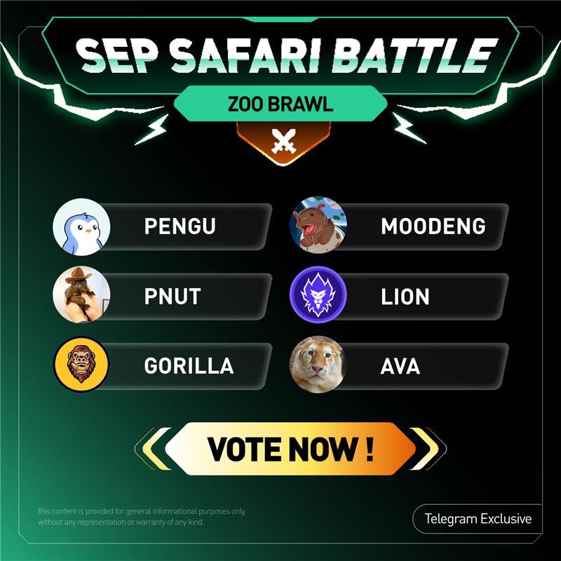 🦁 সেপ্টেম্বর সাফারি ব্যাটল 🐯

জঙ্গল আরও উত্তেজনাপূর্ণ হয়ে উঠছে Zoo Brawl-এর সঙ্গে! আপনার প্রিয় প্রাণী-থিমযুক্ত মিম টোকেনে ভোট দিন এবং ১০ ভাগ্যবান বিজেতা, যারা সঠিক টোকেন বেছে নেবেন, তারা ১০০ USDT-এর সাপ্তাহিক পুরস্কার পুল ভাগ করবেন।

🦓 টোকেনসমূহ: PENGU, PNUT, GORILLA,