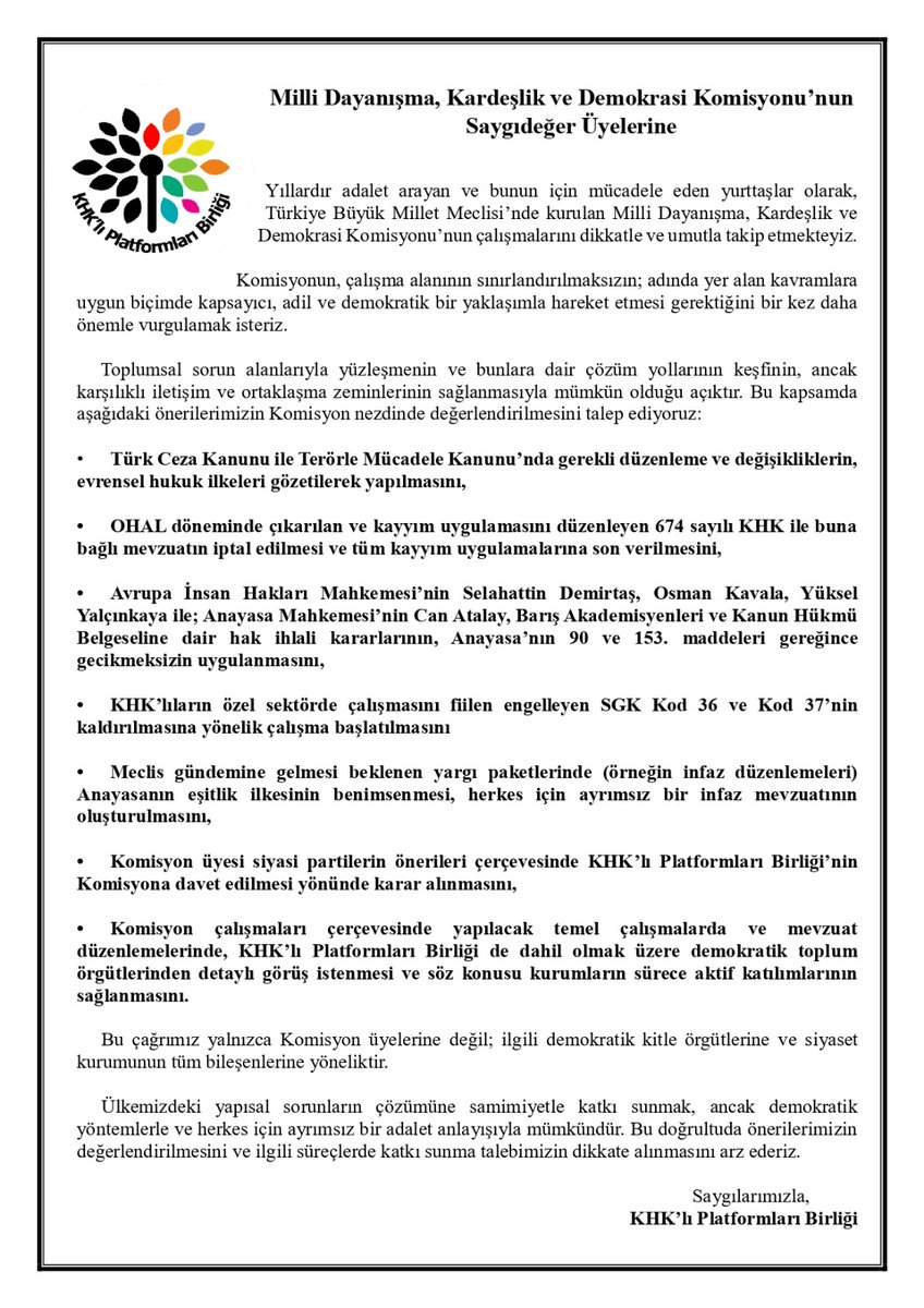 #KomisyonKHKlılarıDinle

KHK’lı Platformları Birliği olarak, komisyona ilettiğimiz çağrımızı yineliyoruz.

Ana talebimiz, hukuksuz #KHK’ların iptali ve tüm haklarımızın iadesidir.

KHK’lılar dinlenmeden barış ve toplumsal uzlaşı eksik kalacaktır.

<a href="/TBMMGenelKurulu/">TBMM Genel Kurulu</a> <a href="/TBMMresmi/">TBMM</a>