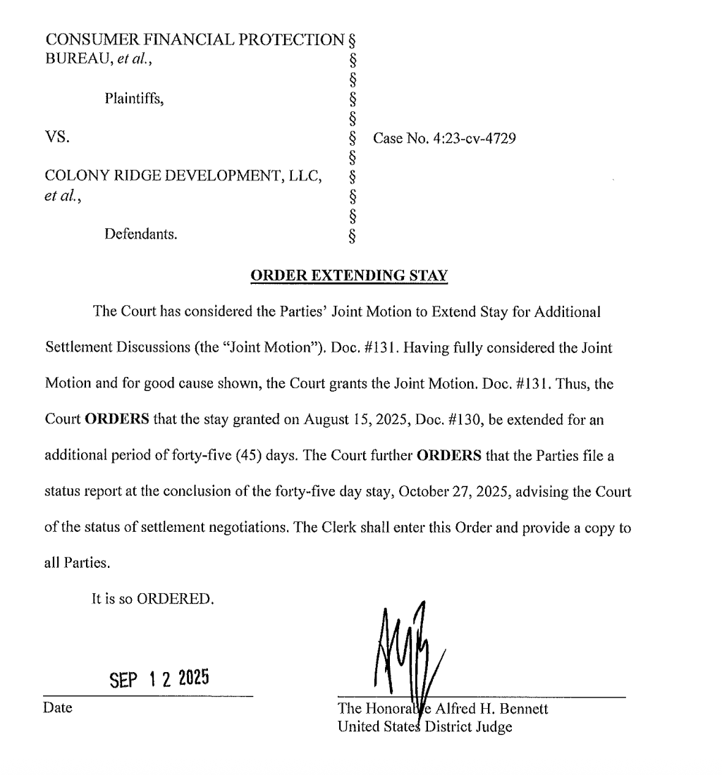 serrano_alej's tweet photo. itty bitty update re #ColonyRidge: A settlement btwn the Houston-area developer, accused of running a predatory lending scheme that targeted Latinos, and the feds is still on the table as a fed judge today gave the parties another 45 days of settlement talks, per order: 

#txlege https://t.co/oEXzA44LOW