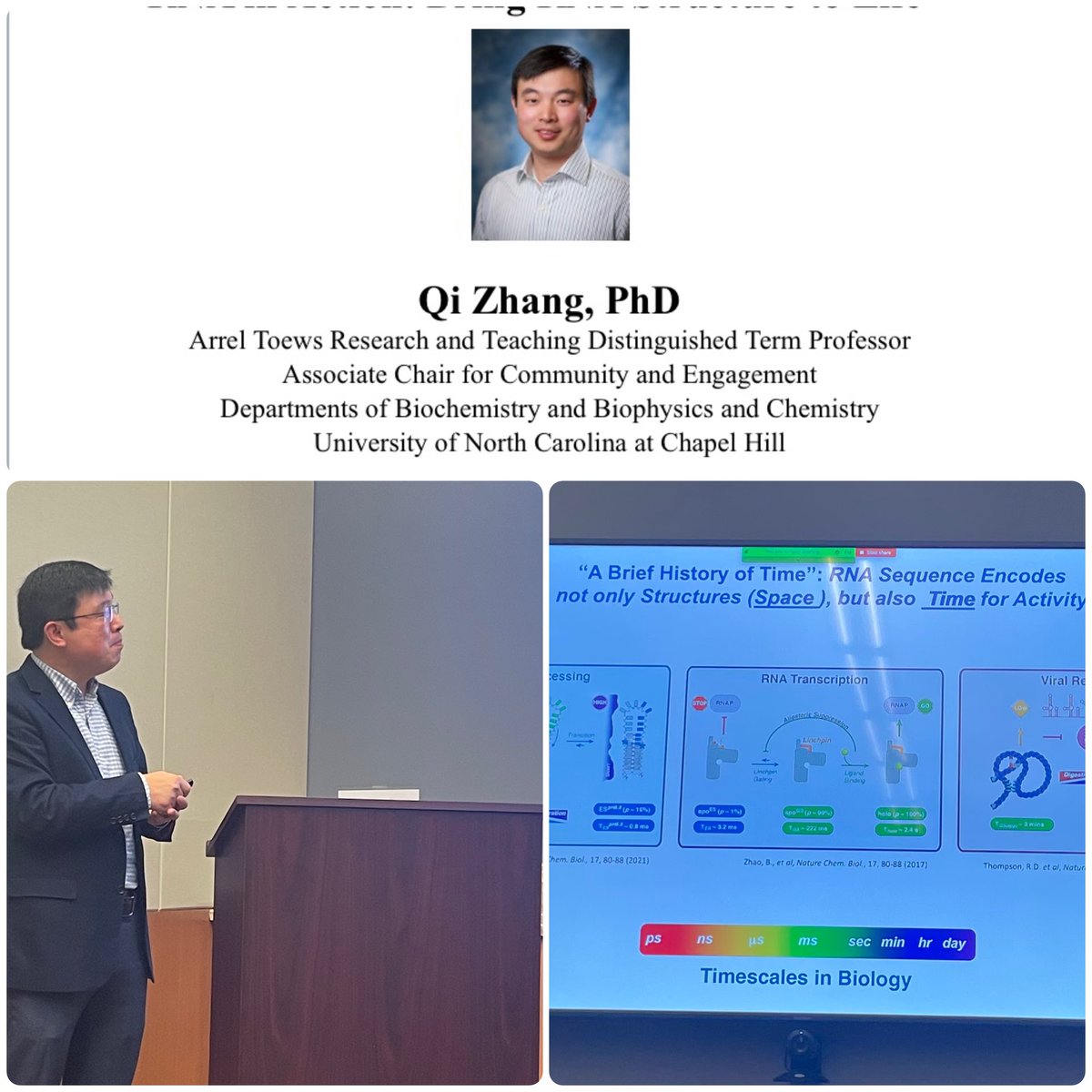 CameronLabUNC's tweet image. Amazing keynote address by Qi Zhang from @UNC_BCBP . Lifetime of RNA conformational states from millisecond to hundreds of seconds regulates utilization of RNA as a substrate by enzymes.